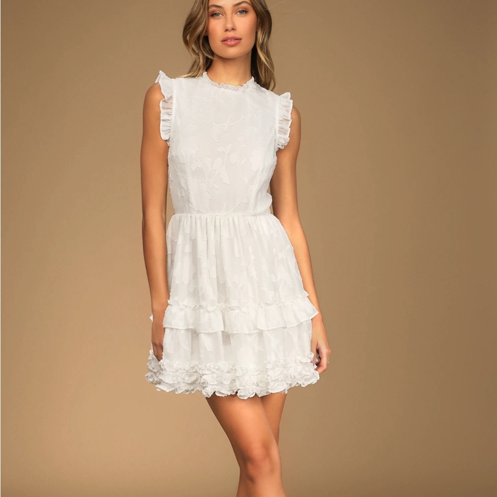 Lulus White Floral Ruffled Mini Dress Graduation Dress Bridal Dress